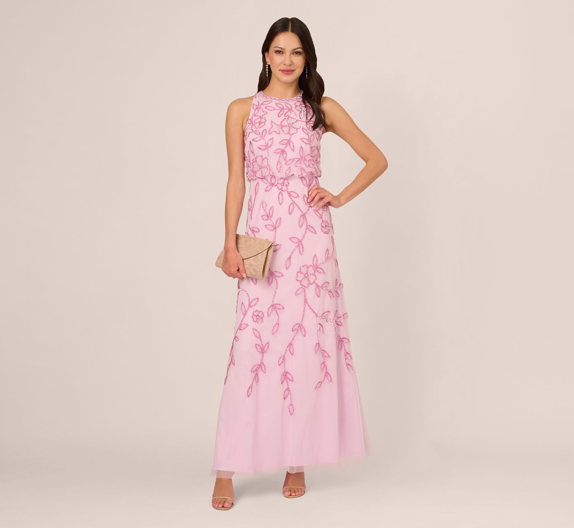 Sleeveless Blouson Mermaid Gown With Jasmine Beading In Pink