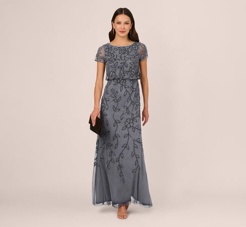 Jasmine Beaded Blouson Gown With Sheer Short Sleeves In Dusty Blue