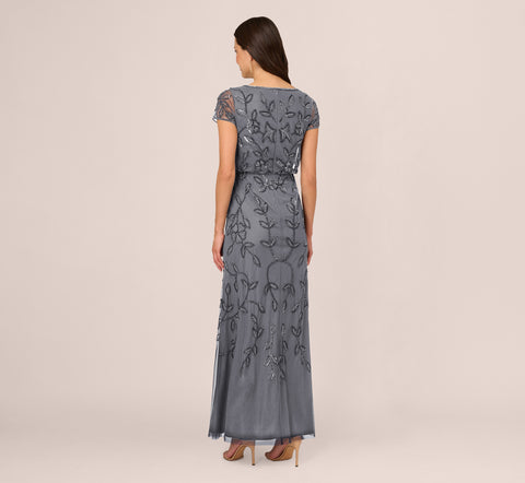 Jasmine Beaded Blouson Gown With Sheer Short Sleeves In Dusty Blue