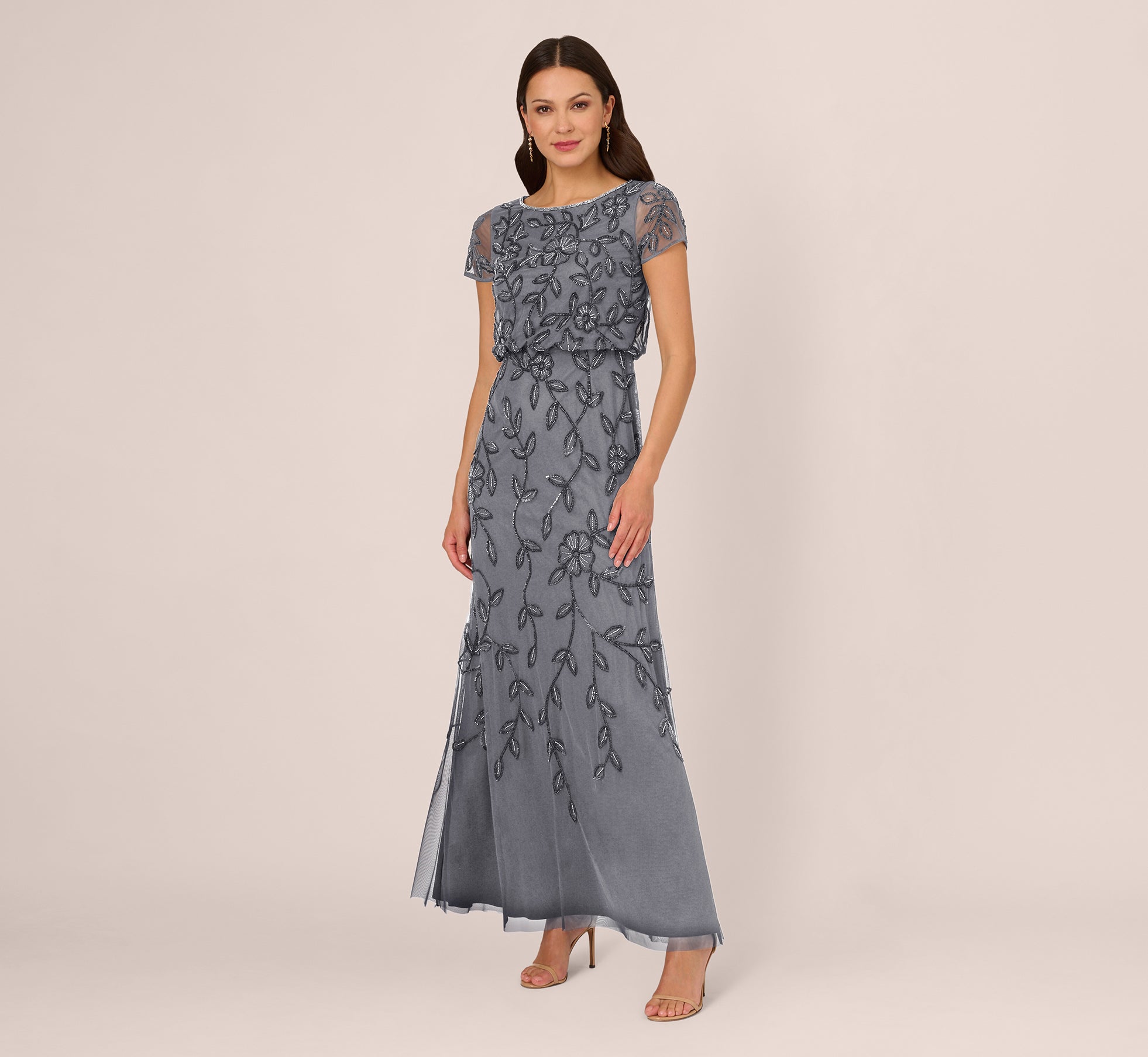 Jasmine Beaded Blouson Gown With Sheer Short Sleeves In Dusty Blue 1