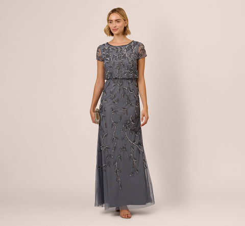 Jasmine Beaded Blouson Gown With Sheer Short Sleeves In Dusty Blue