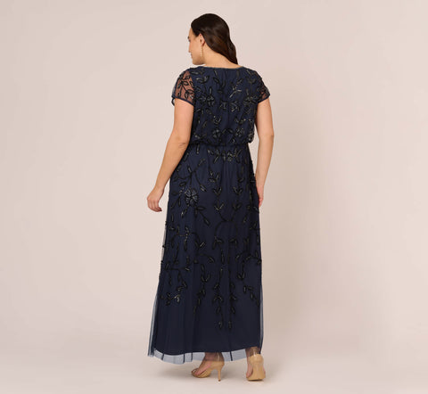 Plus Size Jasmine Beaded Blouson Gown With Sheer Short Sleeves In Navy Black