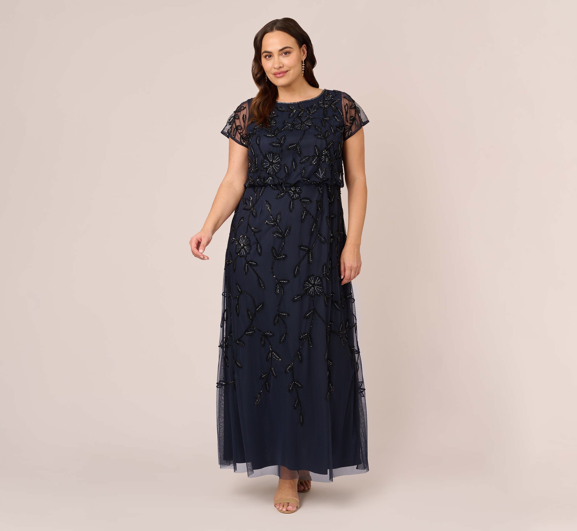 Plus Size Jasmine Beaded Blouson Gown With Sheer Short Sleeves In Navy Black 1