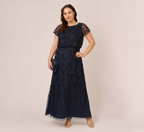 Plus Size Jasmine Beaded Blouson Gown With Sheer Short Sleeves In Navy Black