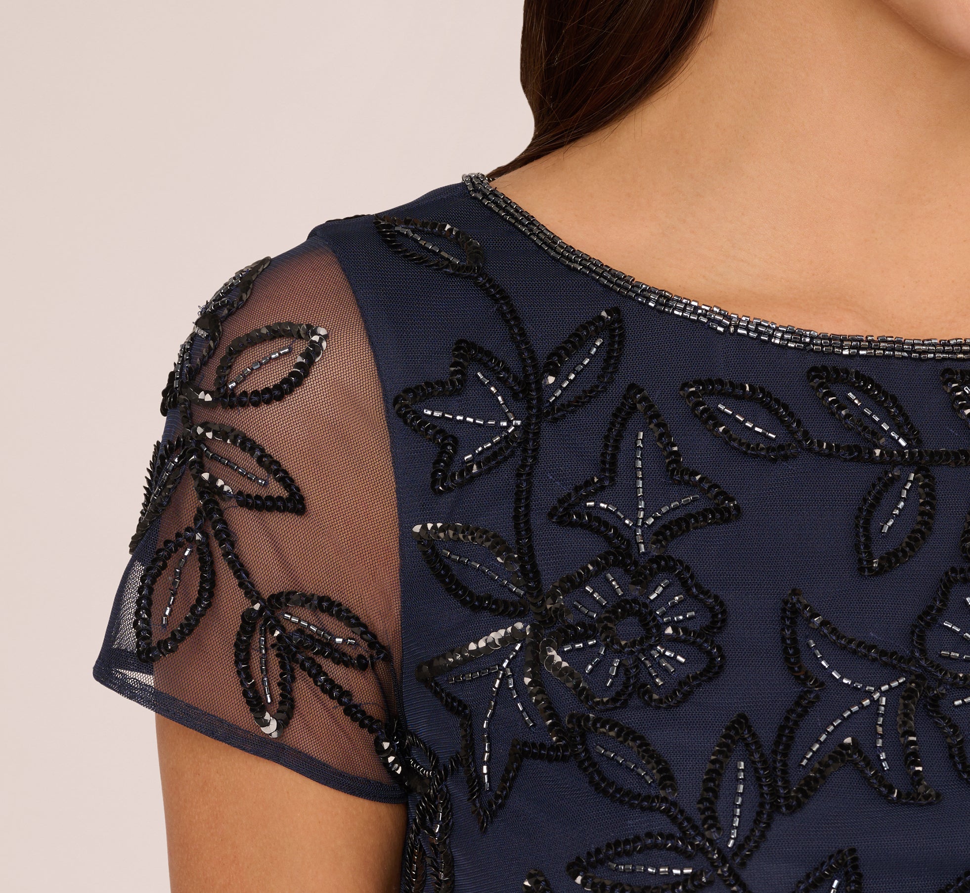 Jasmine Beaded Blouson Gown With Sheer Short Sleeves In Navy Black