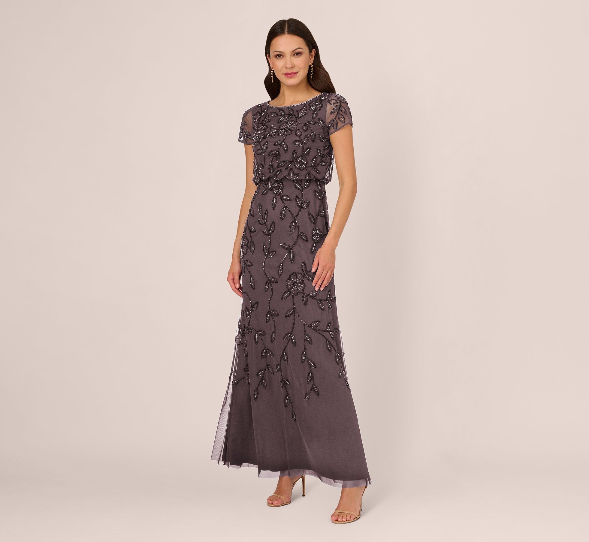 Jasmine Beaded Blouson Gown With Sheer Short Sleeves In Moonscape 1