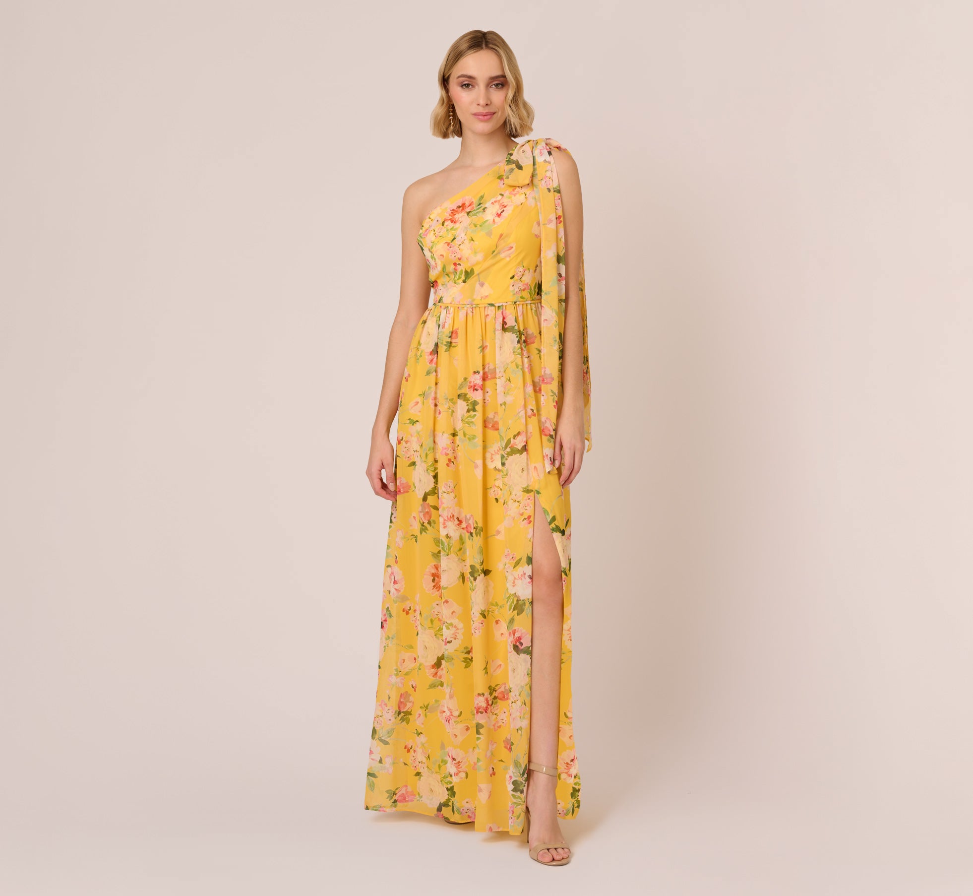 Painterly Floral Chiffon One Shoulder Gown With Bow Accent In