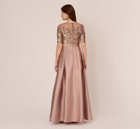 Embellished Taffeta Gown With Sheer Elbow Length Sleeves In Stone