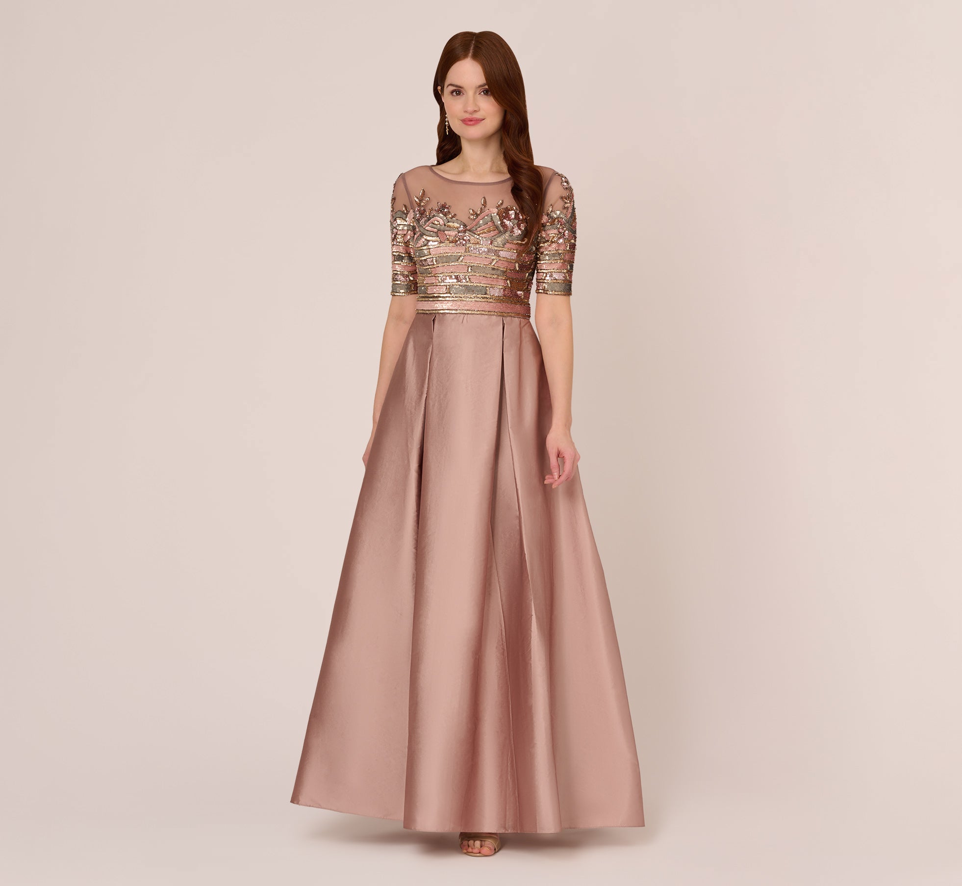 Embellished Taffeta Gown With Sheer Elbow Length Sleeves In Stone 1