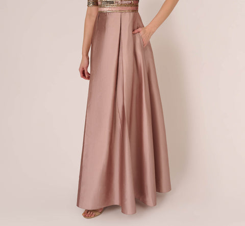 Embellished Taffeta Gown With Sheer Elbow Length Sleeves In Stone