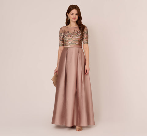 Embellished Taffeta Gown With Sheer Elbow Length Sleeves In Stone