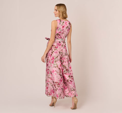 Floral Print Organza Sleeveless Jumpsuit With Self Tie Waist In Pink Multi