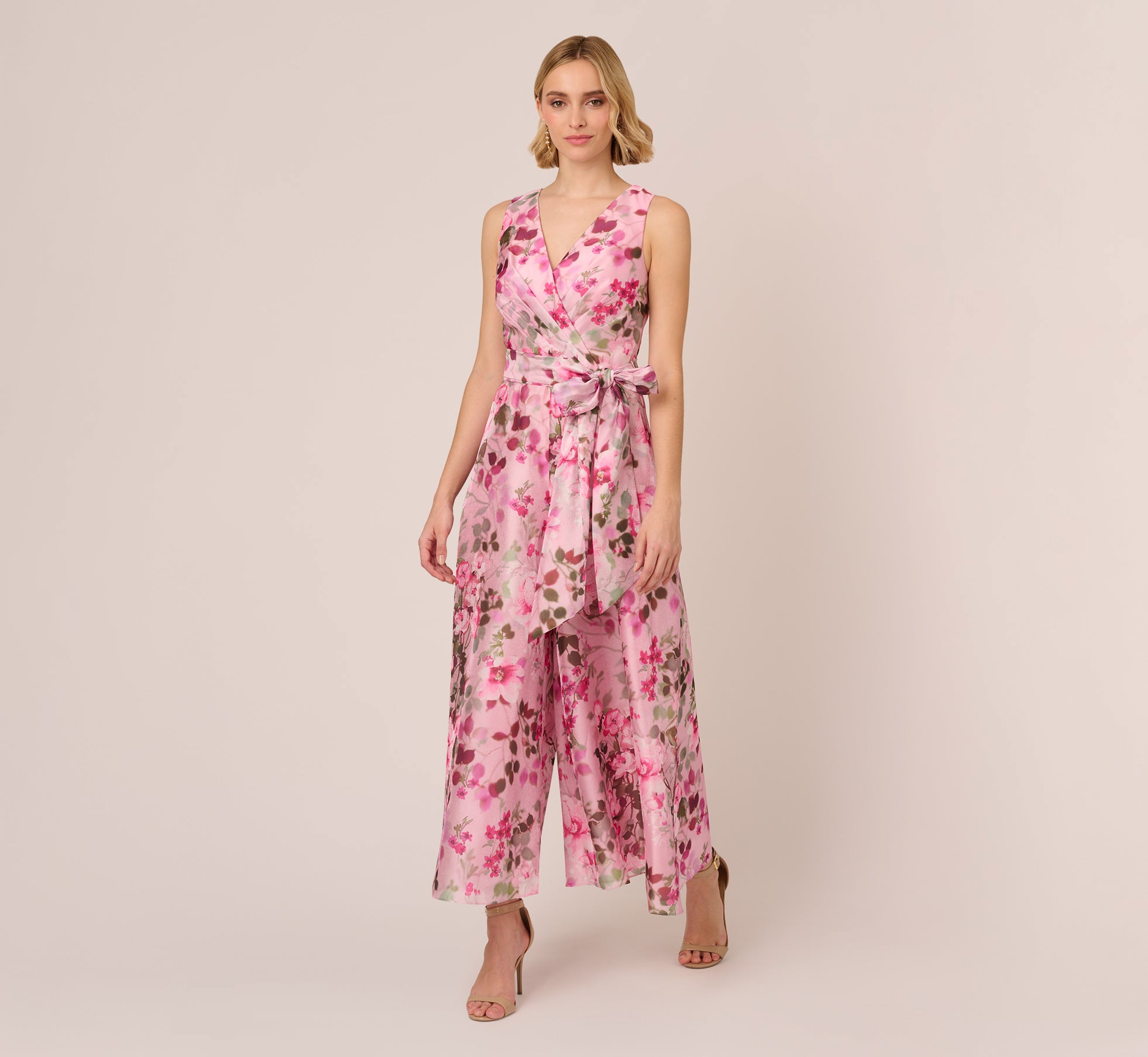 Floral Print Organza Sleeveless Jumpsuit With Self Tie Waist In Pink Multi 1