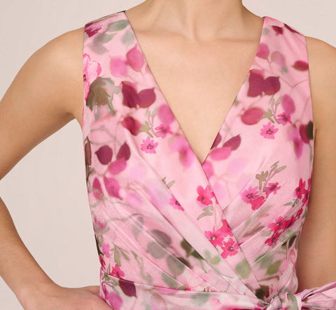 Floral Print Organza Sleeveless Jumpsuit With Self Tie Waist In Pink Multi