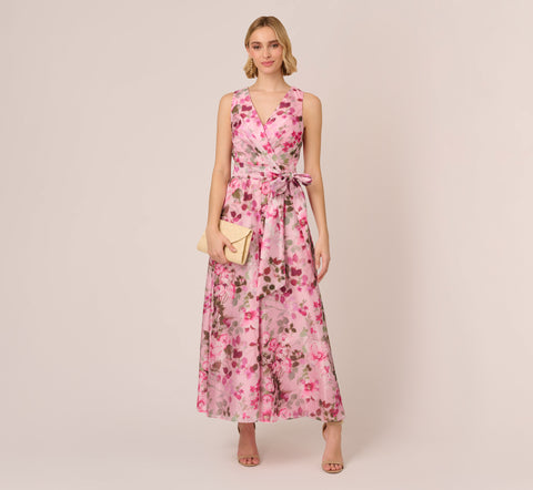 Floral Print Organza Sleeveless Jumpsuit With Self Tie Waist In Pink Multi