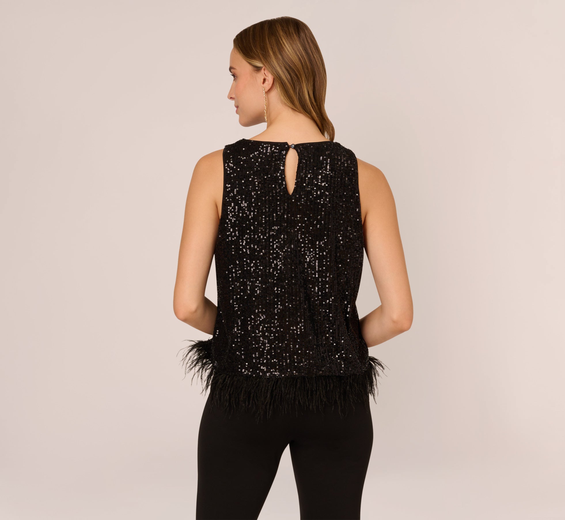 Sequin Sleeveless Top With Feather Trim In Black Adrianna Papell