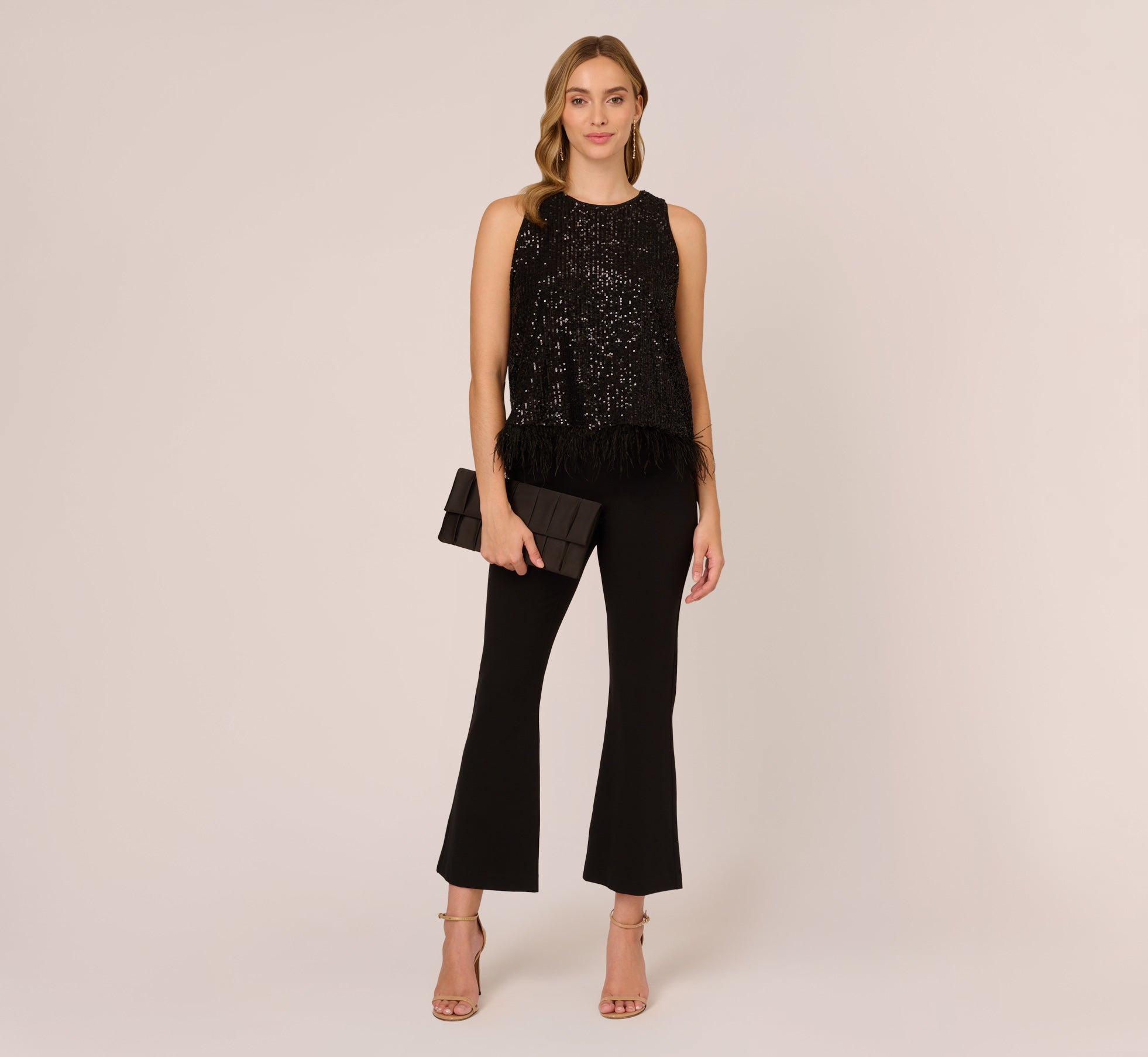 Sequin Sleeveless Top With Feather Trim In Black Adrianna Papell