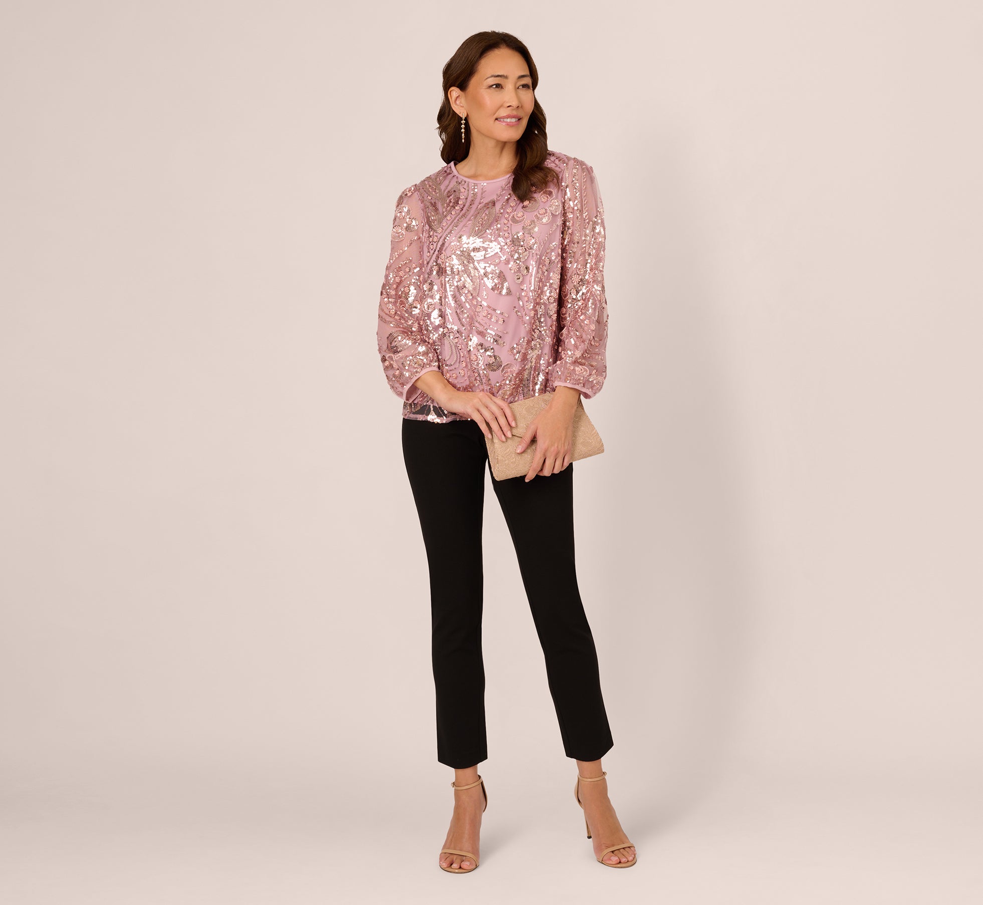 Sequin Embroidered Top With Three Quarter Sleeves In Dusty Rose