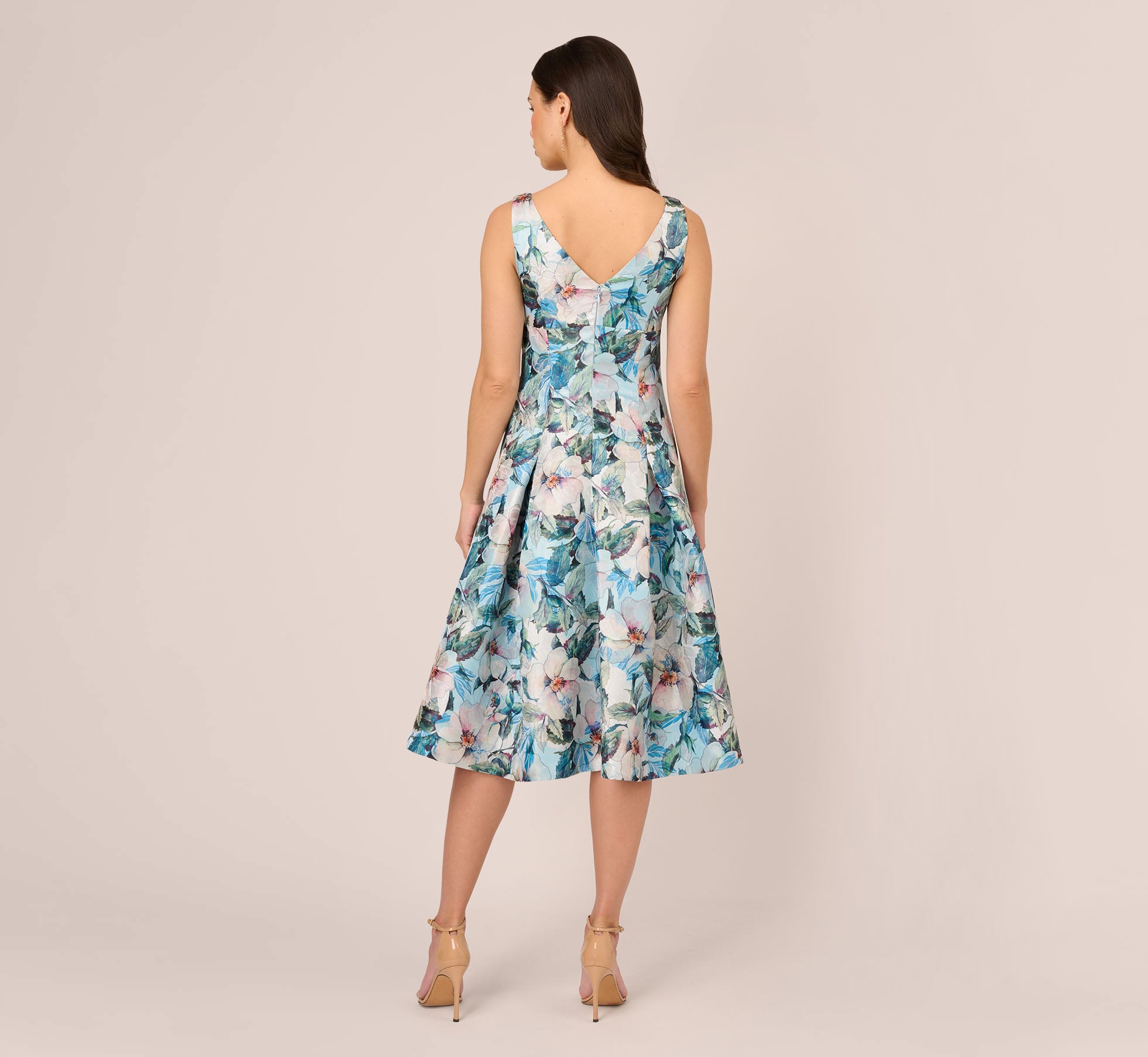 Floral Jacquard Midi Dress With Pockets In Blue Multi