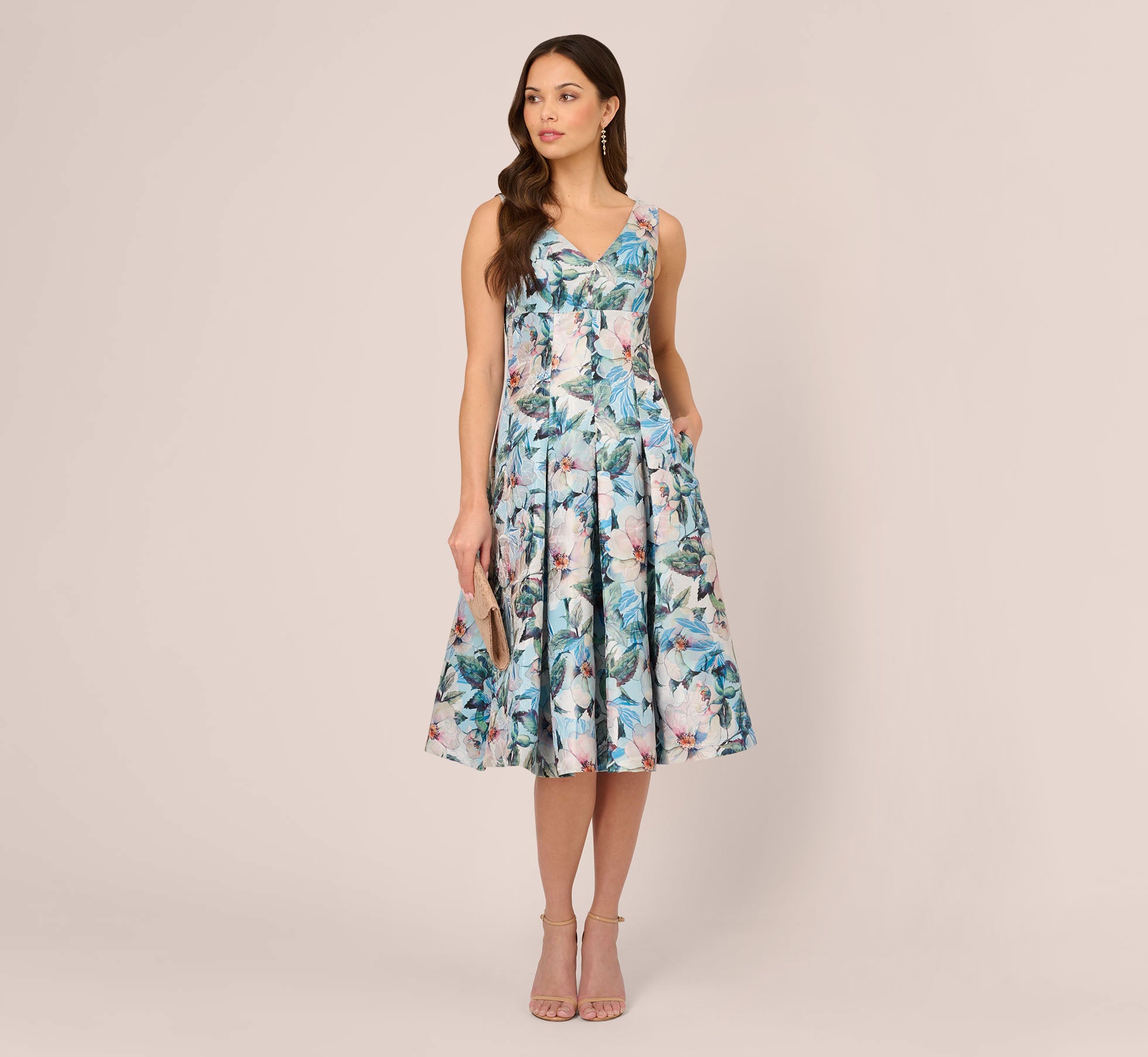 Floral Jacquard Midi Dress With Pockets In Blue Multi