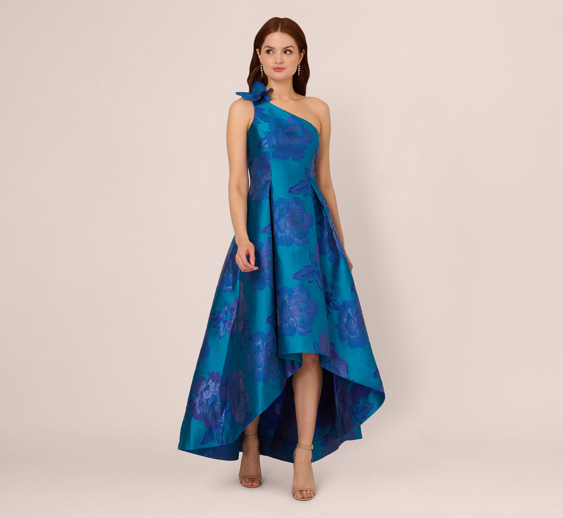 Floral Jacquard One Shoulder High Low Gown With Rosette Accent In Teal ...