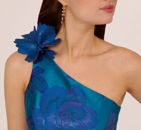 Floral Jacquard One Shoulder High Low Gown With Rosette Accent In Teal Blue