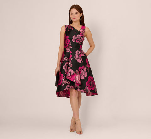 Floral Jacquard High Low Midi Dress With Asymmetrical Neckline In Black Pink