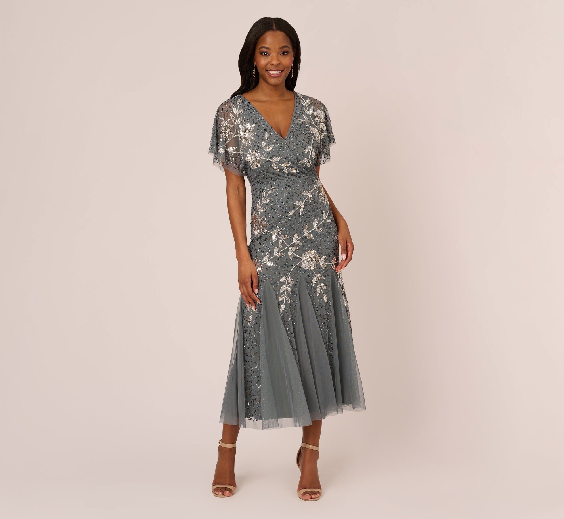 Vine Beaded Ankle Length Gown With Flutter Sleeves In Pewter Silver 1