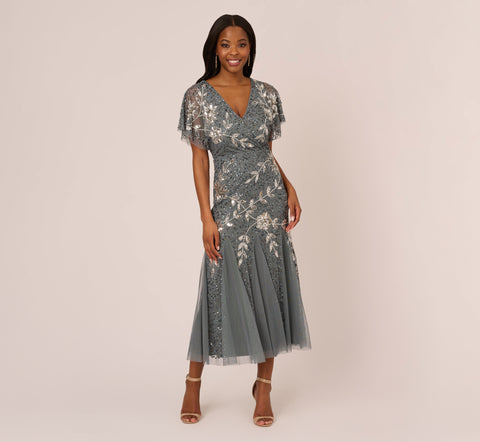 Vine Beaded Ankle Length Gown With Flutter Sleeves In Pewter Silver