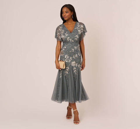 Vine Beaded Ankle Length Gown With Flutter Sleeves In Pewter Silver