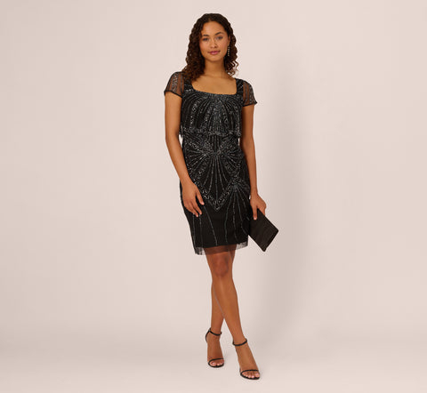 Beaded Popover Dress With Sheer Cap Sleeves In Black Gunmetal