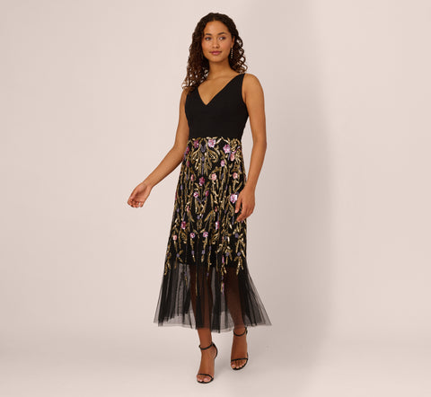 Sleeveless Crepe Gown With Floral Beaded Skirt In Black Multi