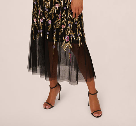 Sleeveless Crepe Gown With Floral Beaded Skirt In Black Multi