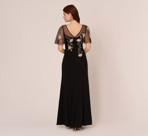 Flutter Sleeve Crepe Gown With Floral Sequin Beading In Black Blush Multi