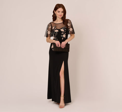 Flutter Sleeve Crepe Gown With Floral Sequin Beading In Black Blush Multi