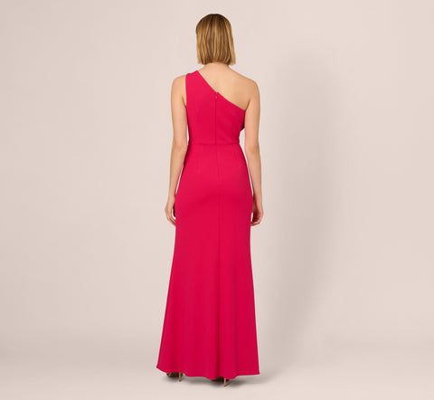 One Shoulder Mermaid Gown With Ruffled Neckline In Pink Cherry