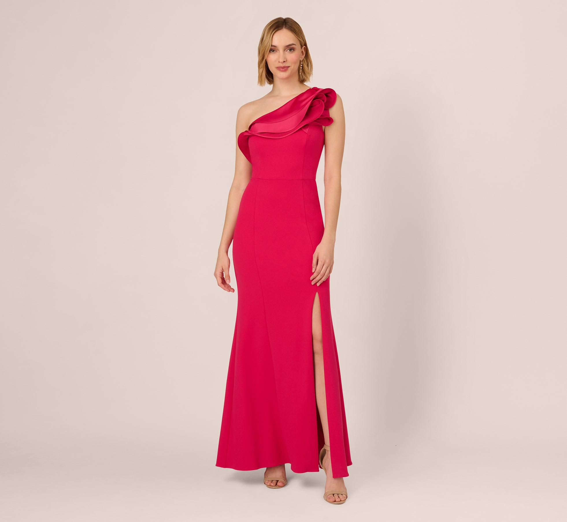 One Shoulder Mermaid Gown With Ruffled Neckline In Pink Cherry 1