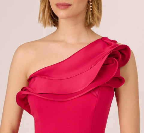 One Shoulder Mermaid Gown With Ruffled Neckline In Pink Cherry