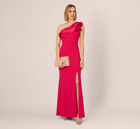 One Shoulder Mermaid Gown With Ruffled Neckline In Pink Cherry