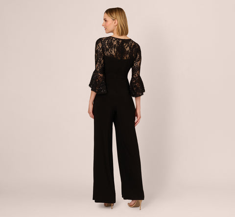 Wide Leg Jersey Jumpsuit With Sheer Lace Bell Sleeves In Black