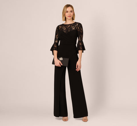 Wide Leg Jersey Jumpsuit With Sheer Lace Bell Sleeves In Black