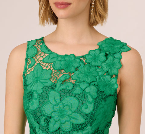 Lace Sleeveless Midi Dress With Sheer Neck And Hem In Green