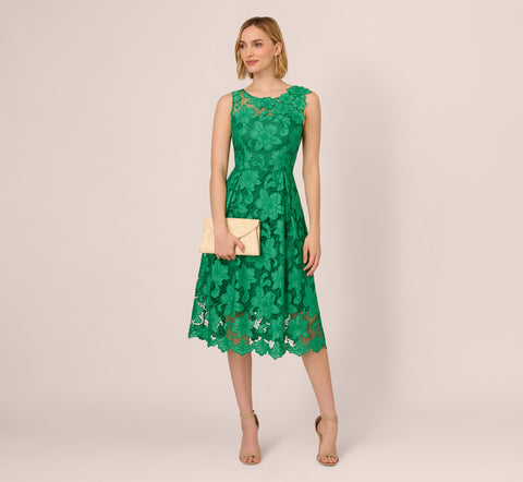 Lace Sleeveless Midi Dress With Sheer Neck And Hem In Green