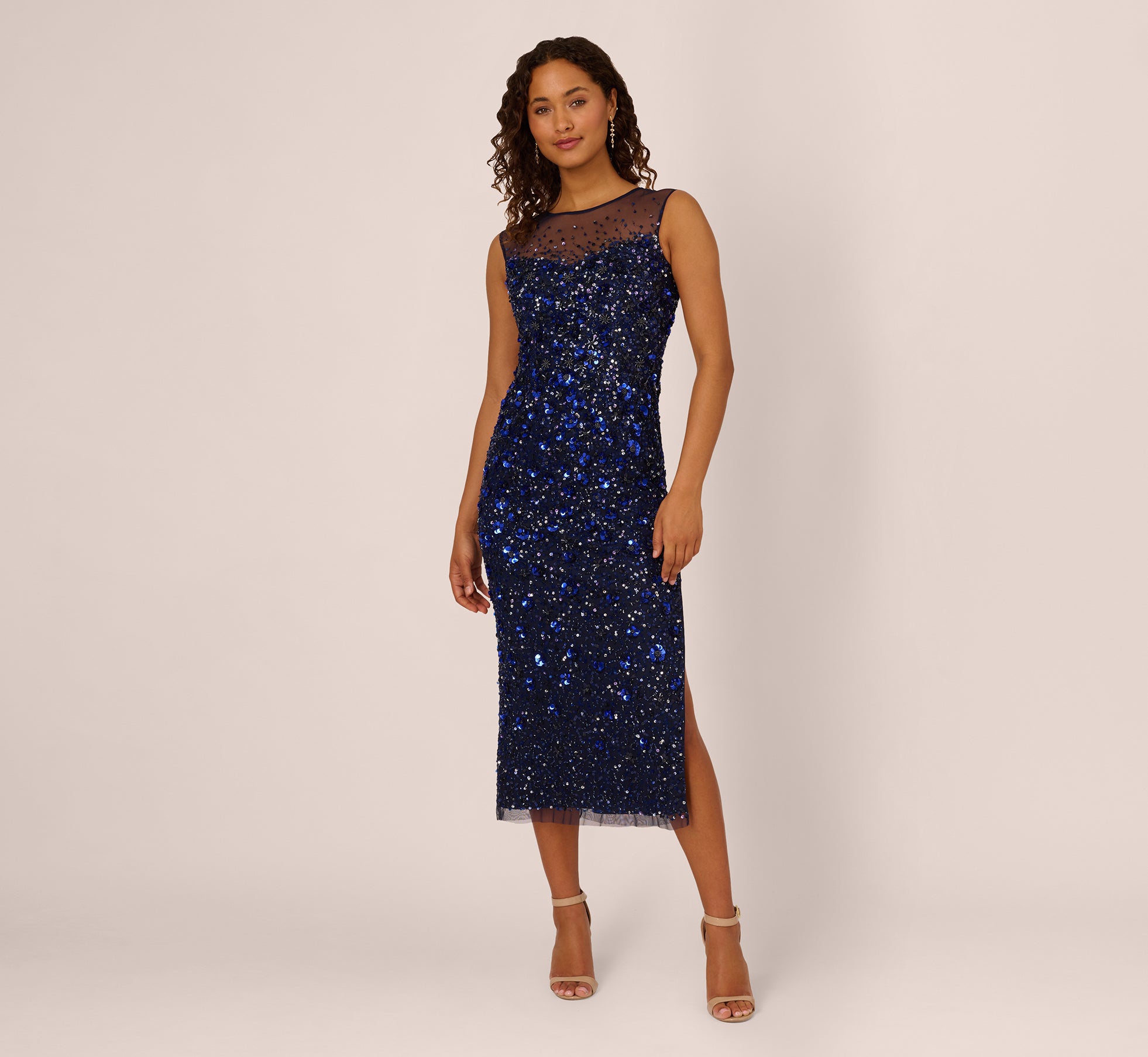 Floral Sequin Sleeveless Ankle Length Dress With Sheer Neckline In Light Navy 1