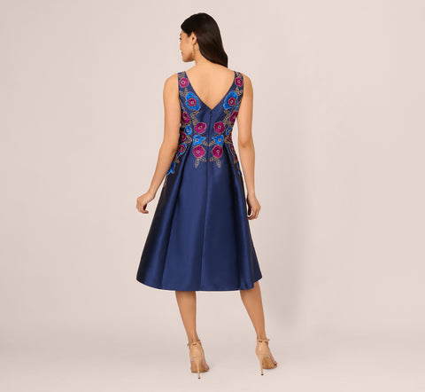 Floral Embroidered Mikado Midi Dress With Beaded Details In Light Navy