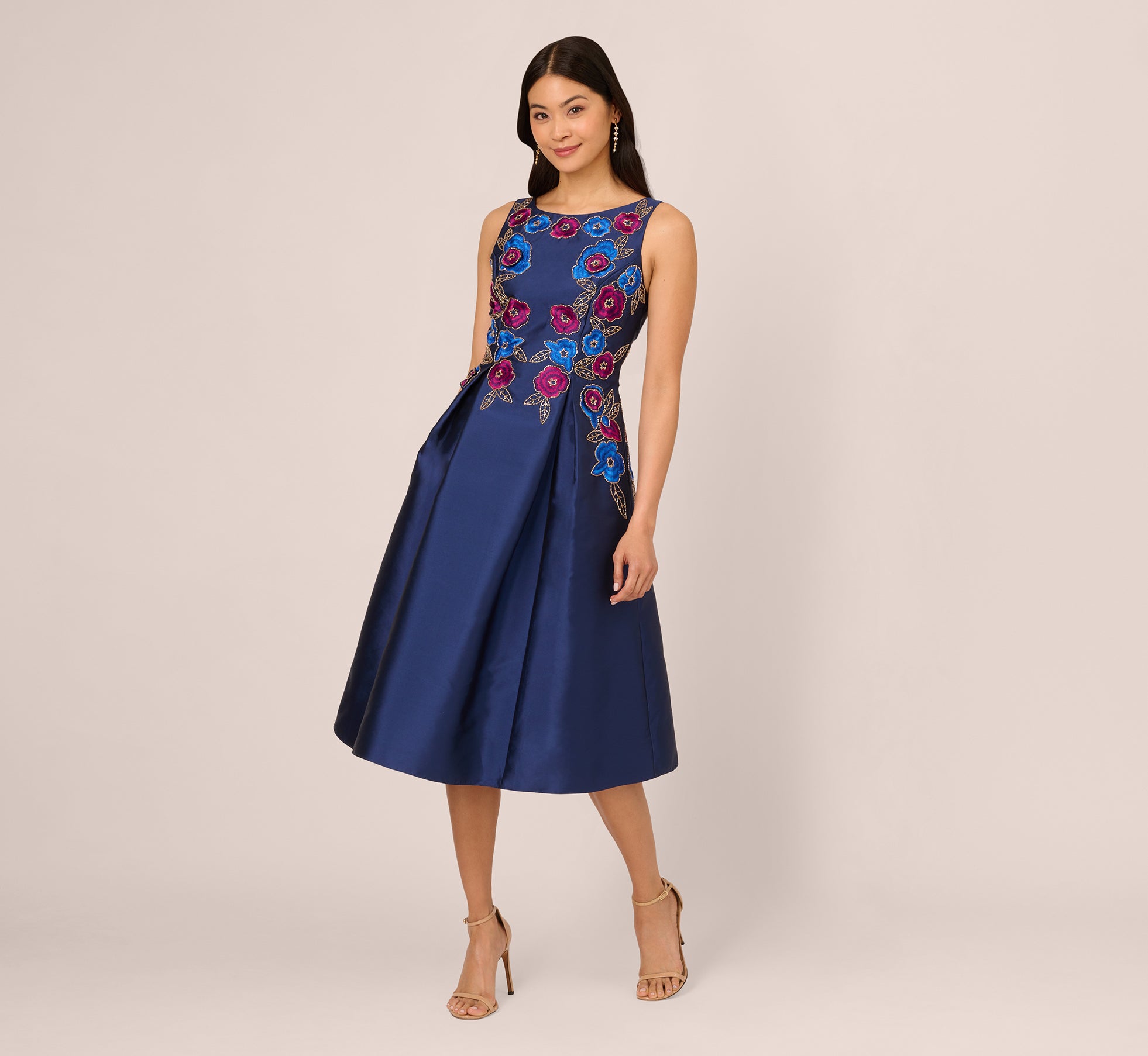 Floral Embroidered Mikado Midi Dress With Beaded Details In Light Navy 1