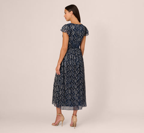 Floral Metallic Crinkle Ankle Length Dress With Flutter Sleeves In Navy Silver