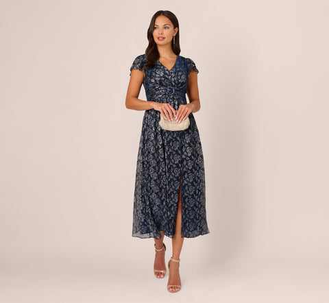 Floral Metallic Crinkle Ankle Length Dress With Flutter Sleeves In Navy Silver