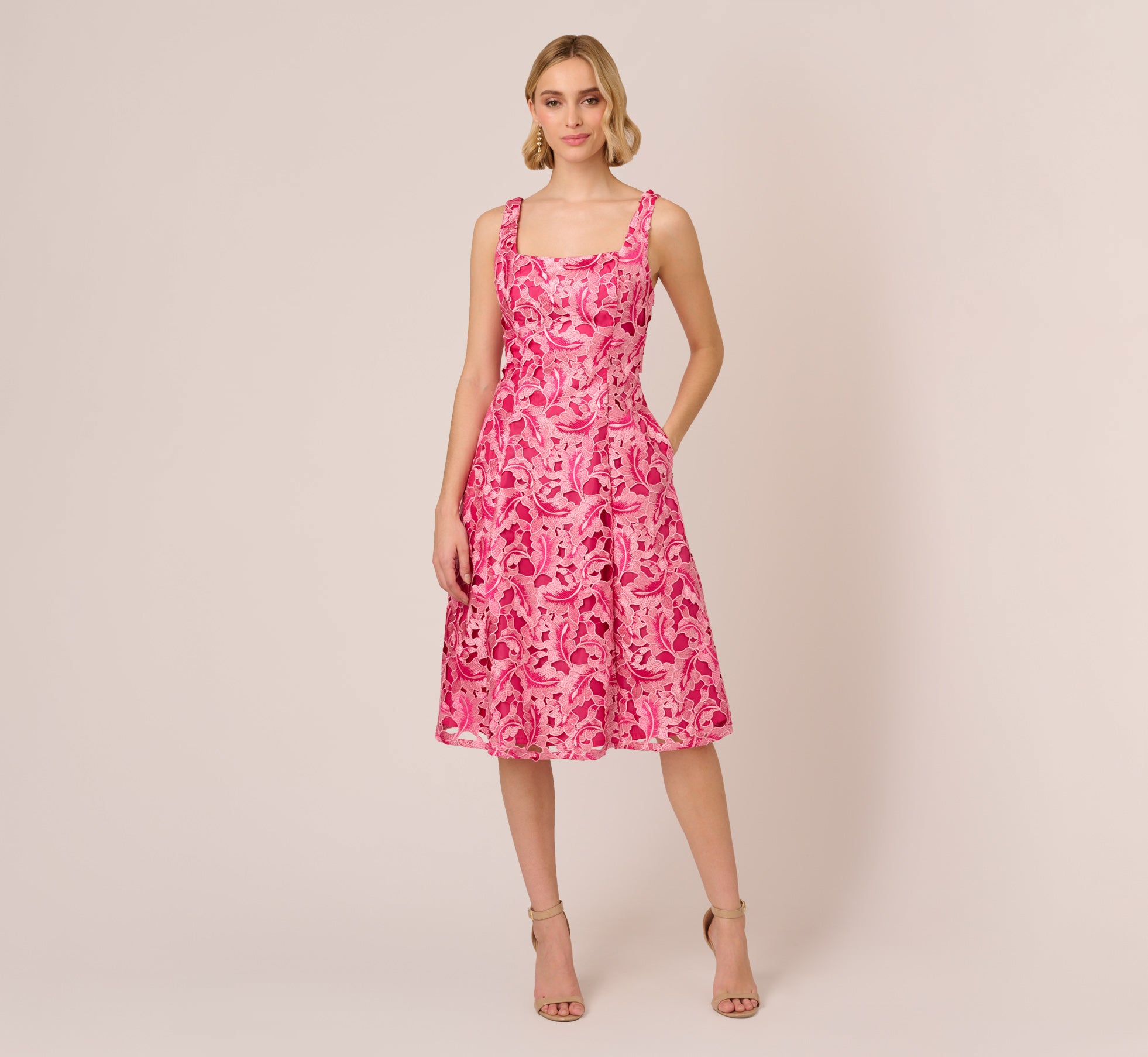 Tonal Lace Sleeveless Midi Dress With Pockets In Electric Pink 1