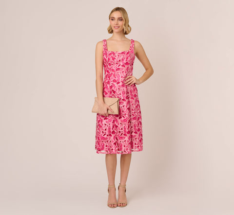 Tonal Lace Sleeveless Midi Dress With Pockets In Electric Pink